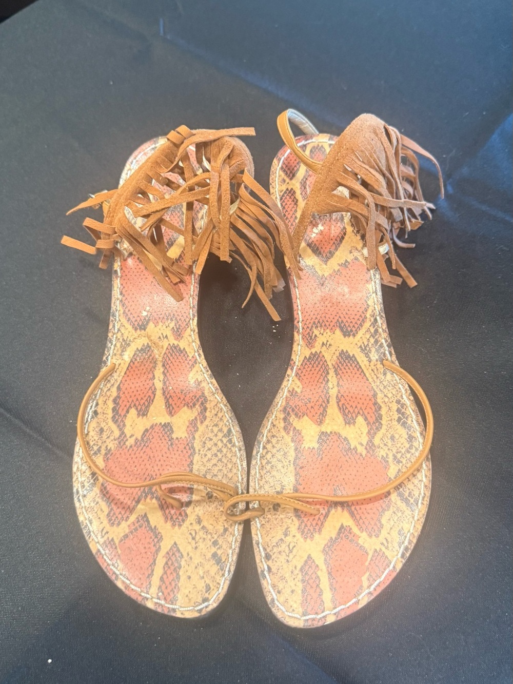 Tan Snake-Print Fringe Ankle-Tie Sandals